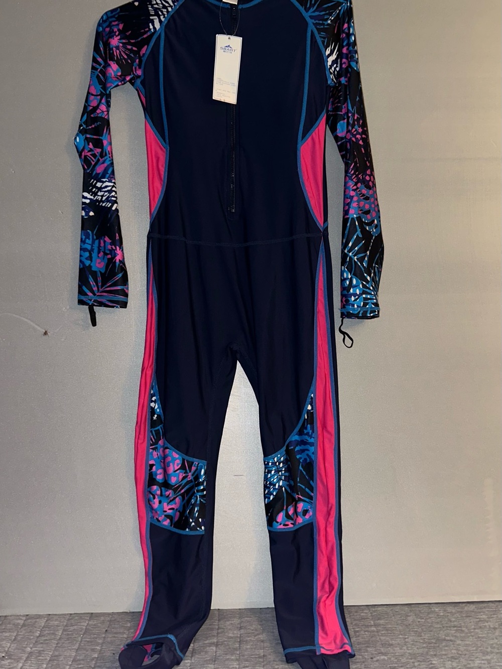 Girls Long-Sleeve One-Piece Swimsuit in Navy and Pink